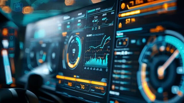 Inside a modern vehicle, a sophisticated digital interface showcases real time data, charts, and performance indicators, highlighting the advanced technology of modern automobiles