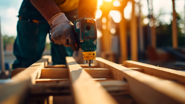 Construction worker using a drill to secure wood beams on a sunny day