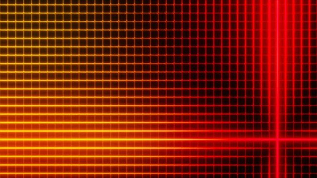 Glowing red orange mosaic pixel led digital grid lights animation on abstract technology background. Bright movement of a beam of light, flashing computer technology lights.
