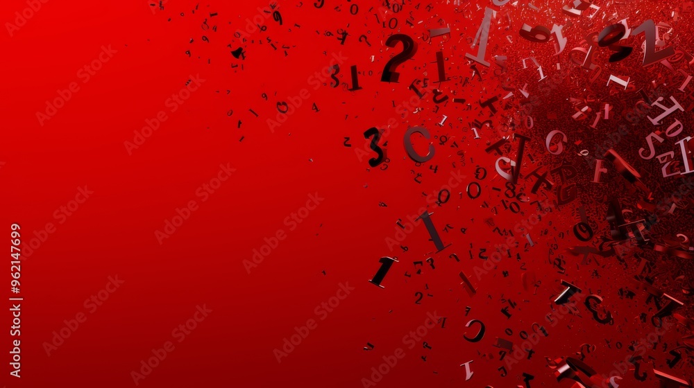 Poster abstract digital artwork featuring black numbers dispersing across a gradient red background. the sc