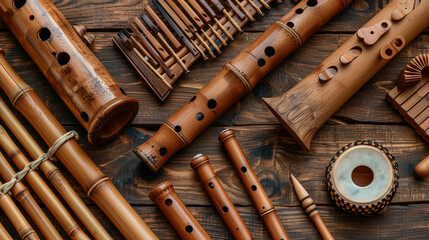 Various traditional wooden flutes and instruments displayed on a rustic wooden surface in a warm, inviting setting