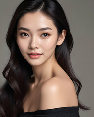 Fototapeta premium 若い日本人の魅力的なスーパーモデル、美しい肌、長い黒髪、黒のオフショルダートップを着た、カメラに向かっていたずらな表情、スキンケア広告撮影