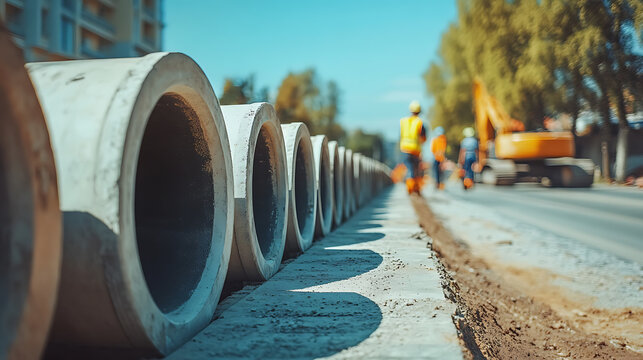 Concrete drainage pipes on the construction site of a new road.