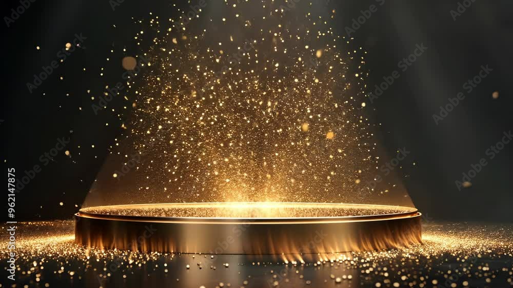 Aufkleber golden particles swirl around a shimmering platform on a black background in dazzling display