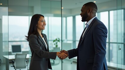Fototapeta premium Diverse Business Partners Shaking Hands in Modern Office Setting