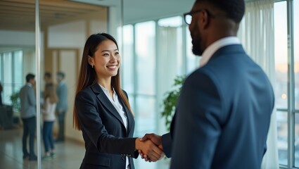Diverse Business Partners Shaking Hands in Modern Office Setting