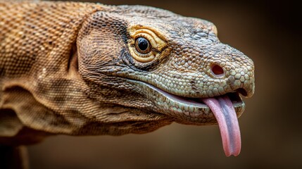 Fototapeta premium A close up of a large lizard with its tongue out, AI