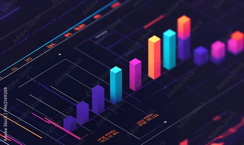 Poster 3d bar graph with neon colors on a dark screen