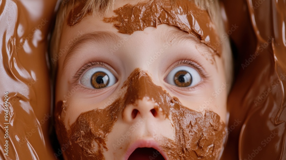 Sticker a close up of a child with chocolate on his face, ai