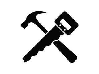 Hammer and saw silhouette icon, woodworker tool icon, woodworking vector symbol. Repair services logo, icon. 