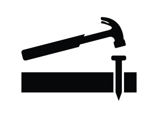 Hammer hit a nails silhouette vector, Hammer and board with nails. Working process. Repair tool. Carpenter hammer. isolated on a white background.
