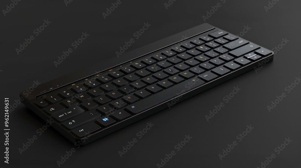 Poster a black wireless keyboard with backlit keys sits on a black surface.
