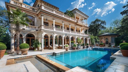 Naklejka premium Elegant classic villa with expansive outdoor spaces and detailed architecture