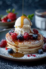 Stack of Pancakes Topped with Ice Cream, Berries, and Syrup