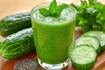 Fresh cucumber mint smoothie on wooden background