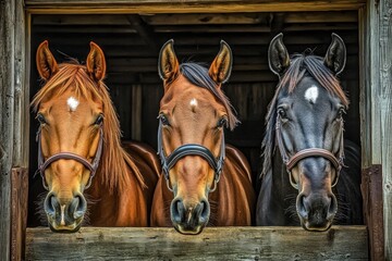 Three horses peeking of stable window