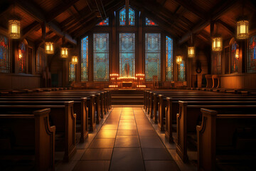 Sunlight Bathes the Sanctuary: A ray of light illuminates the aisle of a majestic church, leading towards a stained glass window that fills the space with a vibrant and ethereal glow. 