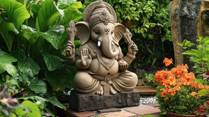 Obraz premium A Ganesha mandala art piece, with intricate circular patterns radiating from the deity, combining spirituality and symmetry in a meditative design