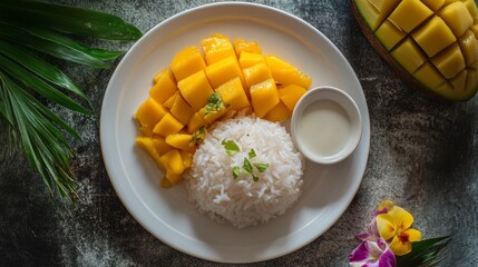 A plate of sliced mango, sticky rice, and coconut milk.