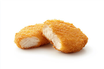 A realistic advertising shot of two chicken nuggets cut in half