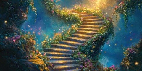 Obraz premium Stone Staircase Winding Through a Lush, Enchanted Forest
