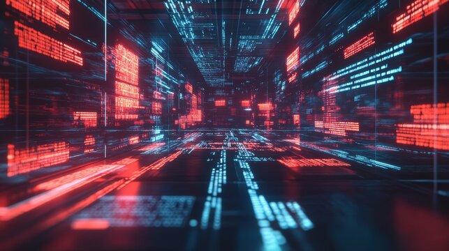 Vivid digital data tunnel with red and blue code projections. Concept for software development and tech environments.