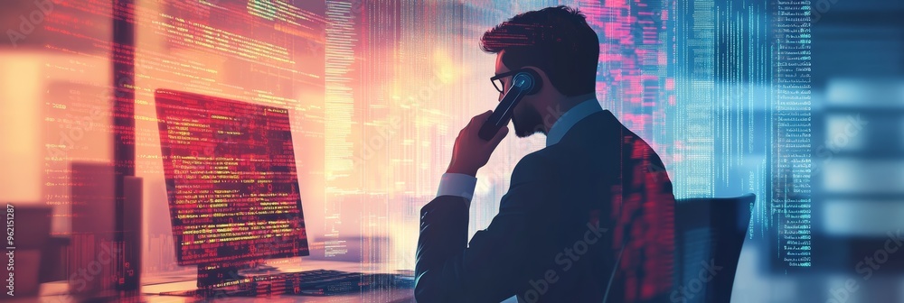 Poster Side profile of businessman on phone while digital code flows on screen. Symbolizes multitasking in a tech-driven corporate world.