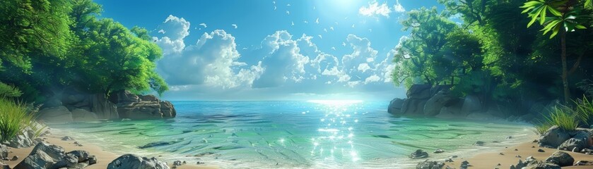 Obraz premium A serene beach scene with crystal clear water, lush greenery, and a bright sky, perfect for relaxation and nature lovers.