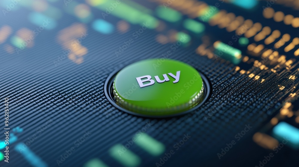 Aufkleber a green button with the word buy on it sitting in front of a computer screen, ai