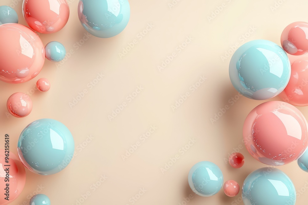 Poster a harmonious arrangement of abstract pastel spheres and balls is created on a soft beige background,