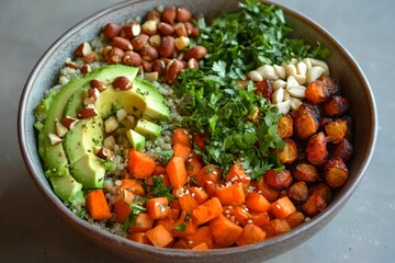 Wholesome Vegan Buddha Bowl, Quinoa, Vegetables, Avocado, Nuts