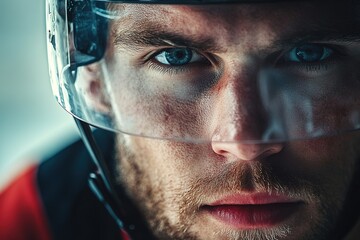 Close-up of intense male hockey player with helmet
