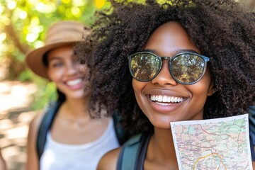 Happy women exploring nature with maps and backpacks on a sunny adventure