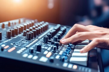 Fototapeta premium Close-up of hand adjusting synthesizer knobs in a music studio setting