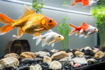 Naklejka premium Colorful goldfish swimming in a freshwater aquarium