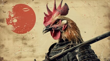 A rooster dressed in samurai armor with a sword stands in front of a Japanese flag.