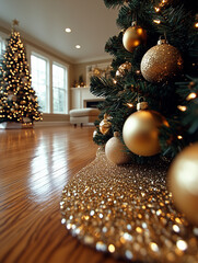 close-up of a christmas tree in a living room of an american house