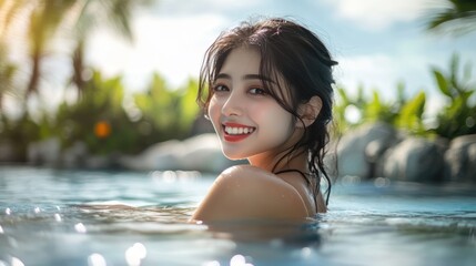 Young Asian woman in the outdoor pool at tropical resort on sunny day. Beautiful happy smiling female tourist on summer vacation