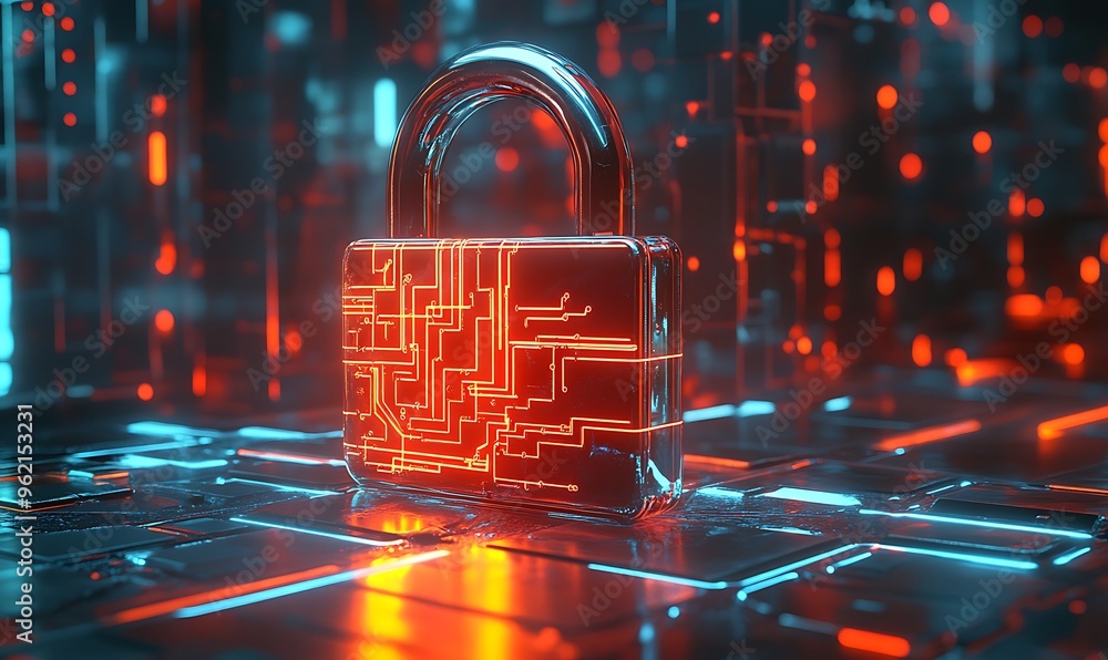 Poster a glass padlock with circuitry pattern against a glowing background