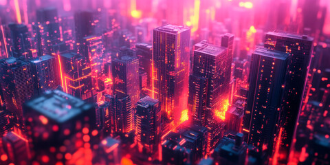 Obraz premium Illuminated futuristic cityscape bathed in neon lights, ideal for visualizing cutting-edge technology and modern urban developments