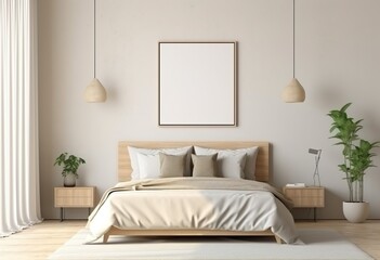 Minimalist bedroom with a blank frame on the nightstand