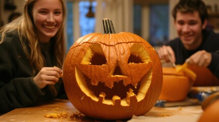 Pumpkin carving party with smiling people creating detailed jack-o'-lanterns in a cozy home