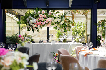 Beautiful flowers decorated, Served tables, wedding decor, Premium catering, wedding buffet, party...
