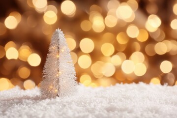 Sparkling white miniature Christmas tree on snowy surface with golden bokeh background