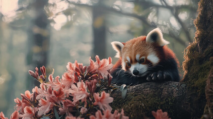 Portrait of Endangered Red Panda in Himalayas Forest
