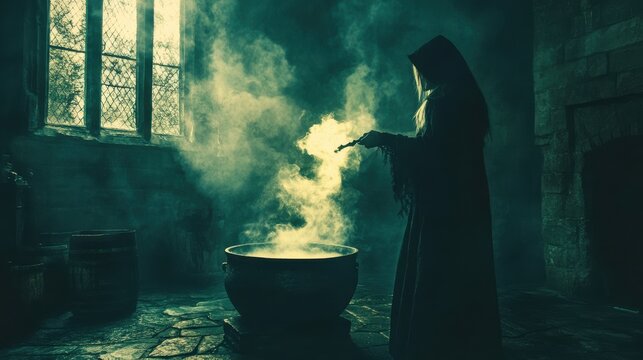 A woman in a witch costume stirring a bubbling cauldron in a dark, eerie room