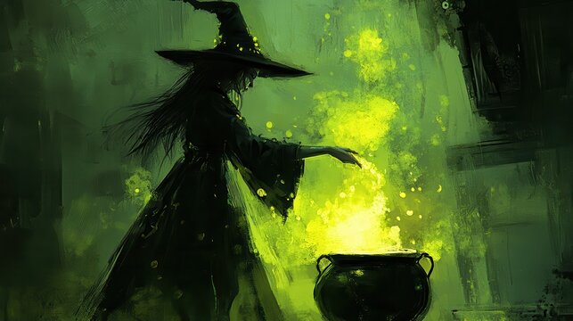 A woman in a witch costume stirring a bubbling cauldron in a dark, eerie room