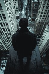 A man dressed in dark clothing stands on the edge of a building, overlooking a cityscape below, evoking a sense of daring and introspection.