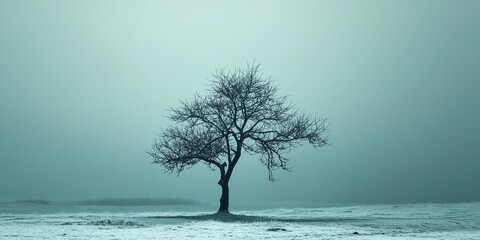 A solitary tree stands bare in a misty winter landscape, blanketing the scene in fog, depicting solitude and tranquility.