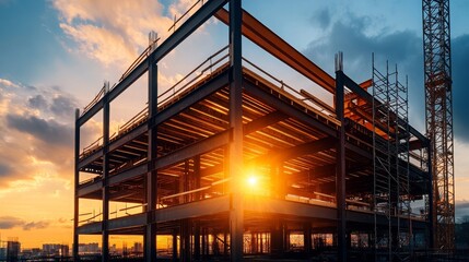 Obraz premium Construction Site Steel Frame Building Sunset Sky